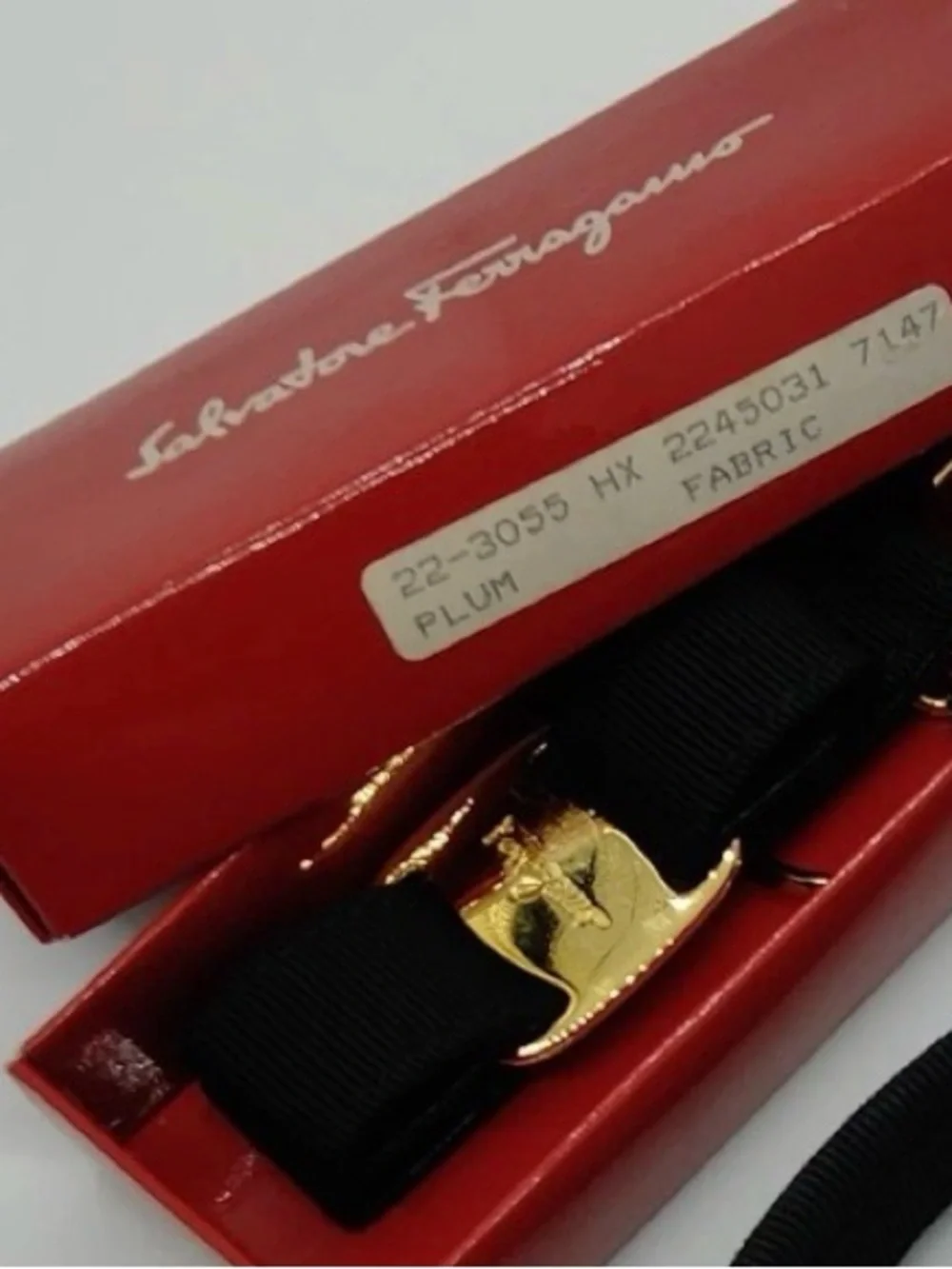 Salvatore Ferragamo Gold Buckle Black Ribbon Keychain box included